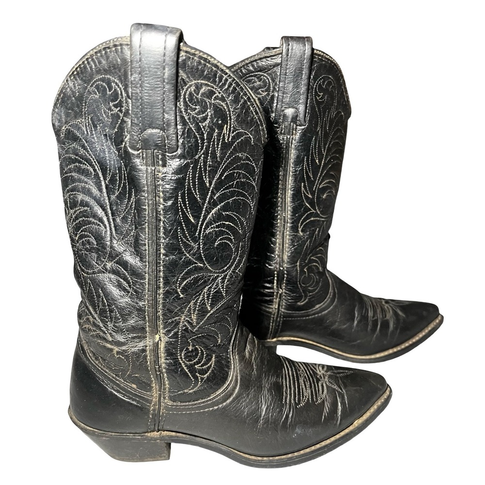 Vintage Acme? Womens Black Leather Western Cowboy Boots Swirl Stitch Size 6